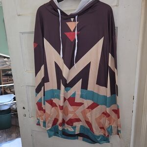 Geometric Print Pullover Hoodie in Brown and Teal